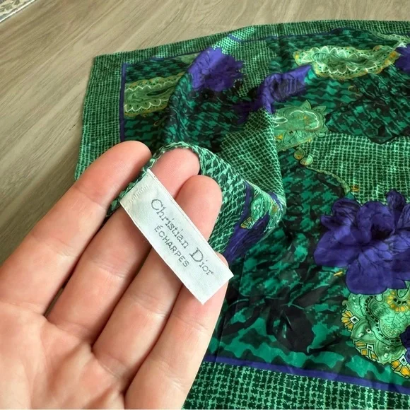 Vintage Christian Dior Paisley Printed Green Scarf - Picture 5 of 6